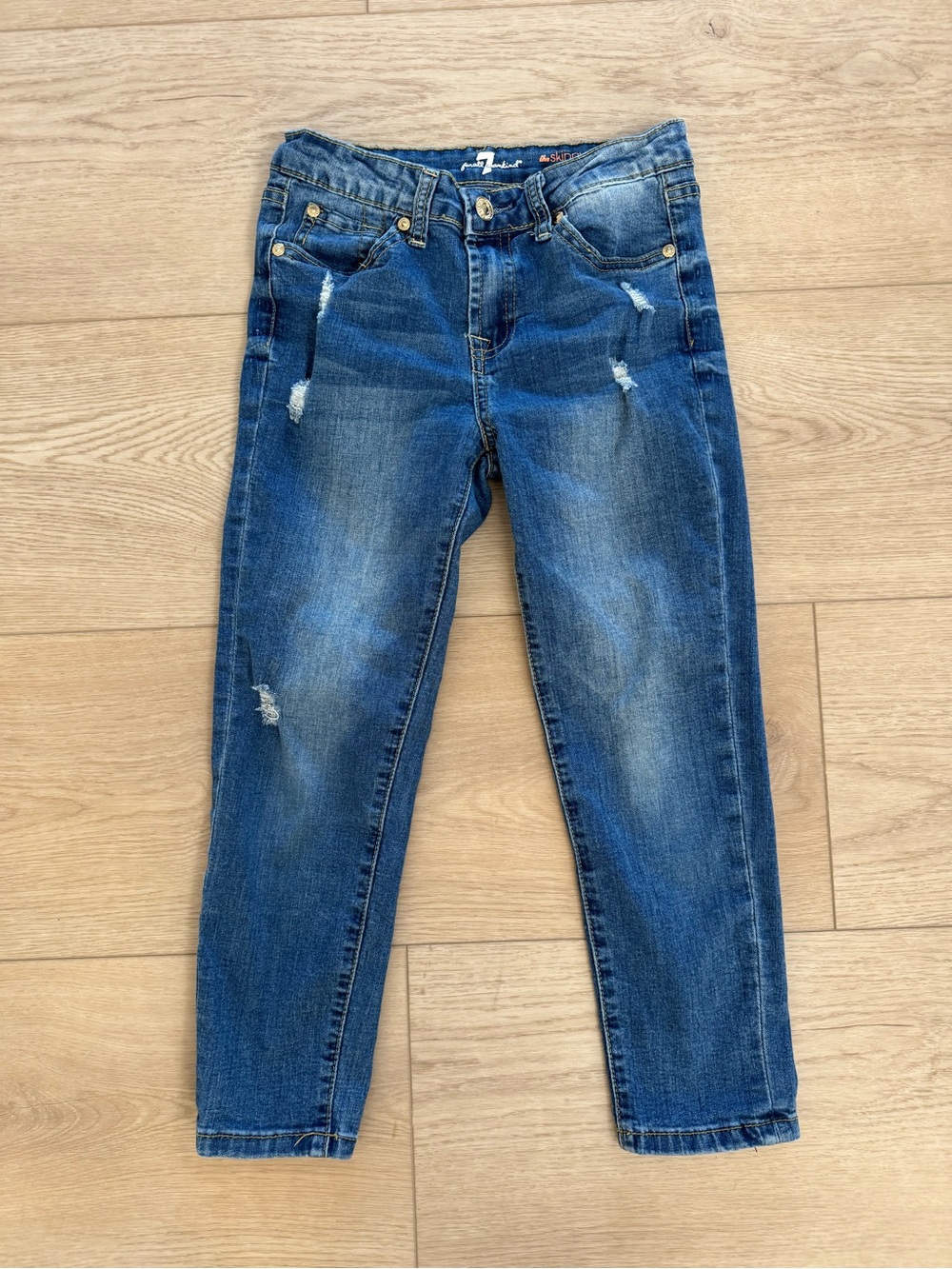 7 For All Mankind Girls Skinny Crop & Roll Jeans Size 12 Distressed Denim
